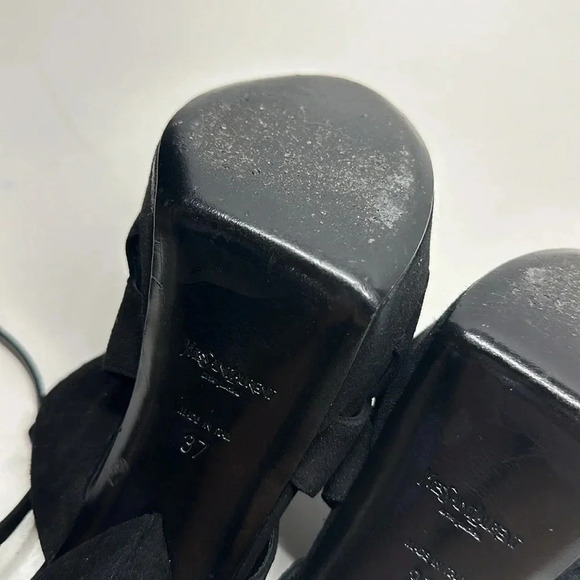 Yves Saint Laurent YSL High Heels Shoes Open Toe T-Strap Suede Black Size 37 / 7 - Picture 10 of 11